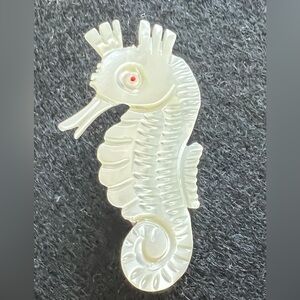 Vintage Mother of Pearl Sea Horse Lapel Pin Brooch Red Dot Eye Made in Taiwan